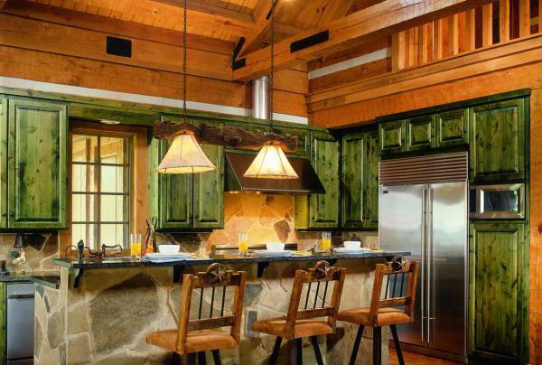 The interior of the kitchen in the log house