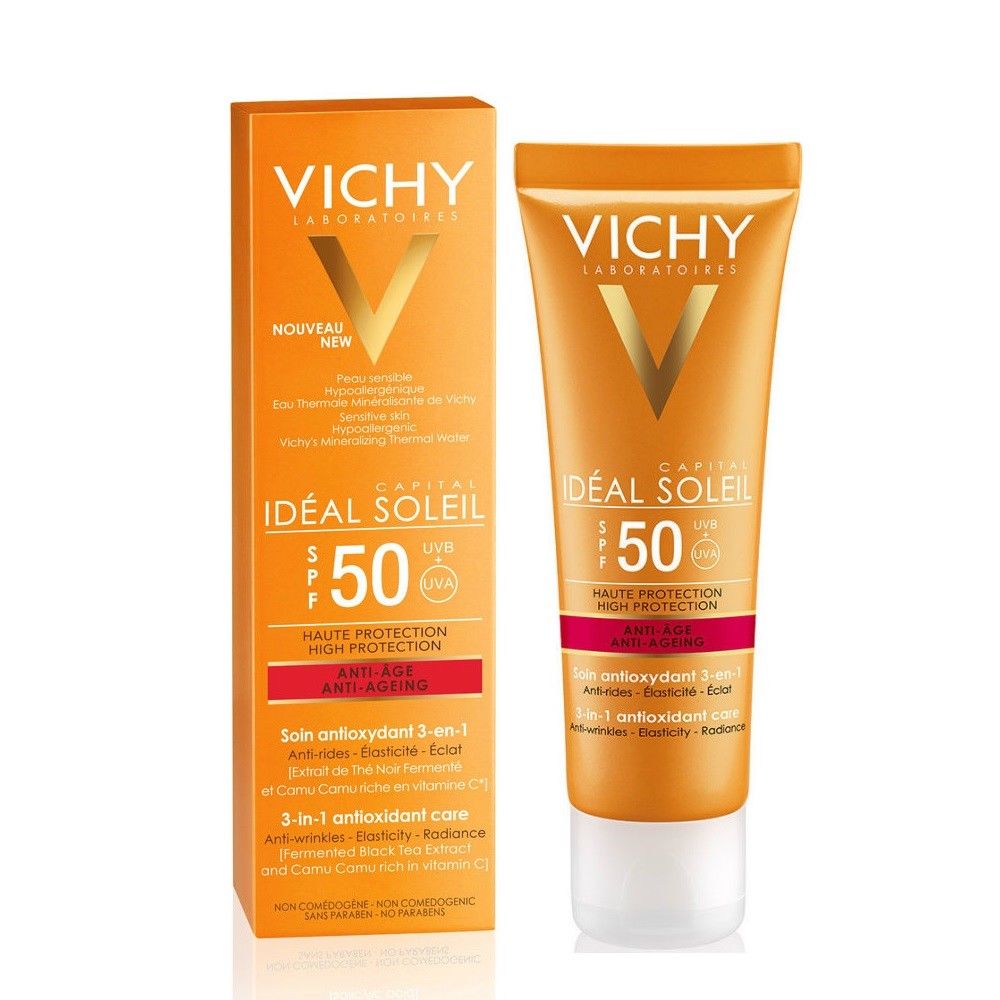 Spf 50 для проблемной кожи лица. Vichy SPF 50. Vichy Capital ideal Soleil SPF 50. Солнцезащитный крем виши 50. Vichy SPF 50 Soleil.
