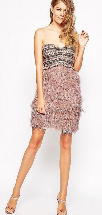 dress with feathers on a skirt