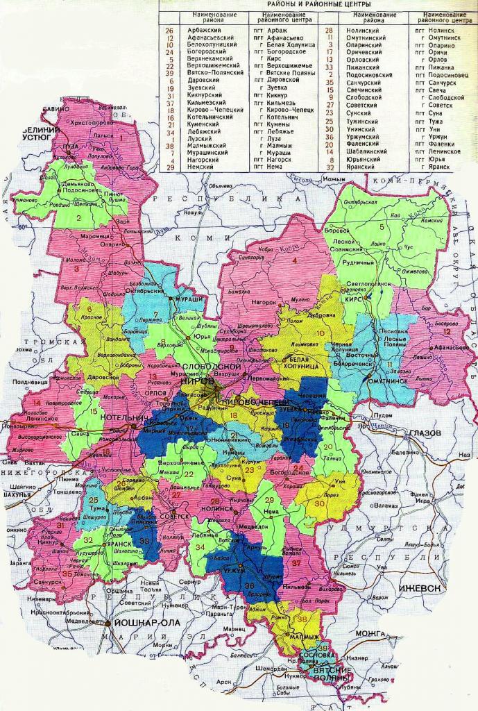 Map of the Kirov region by region