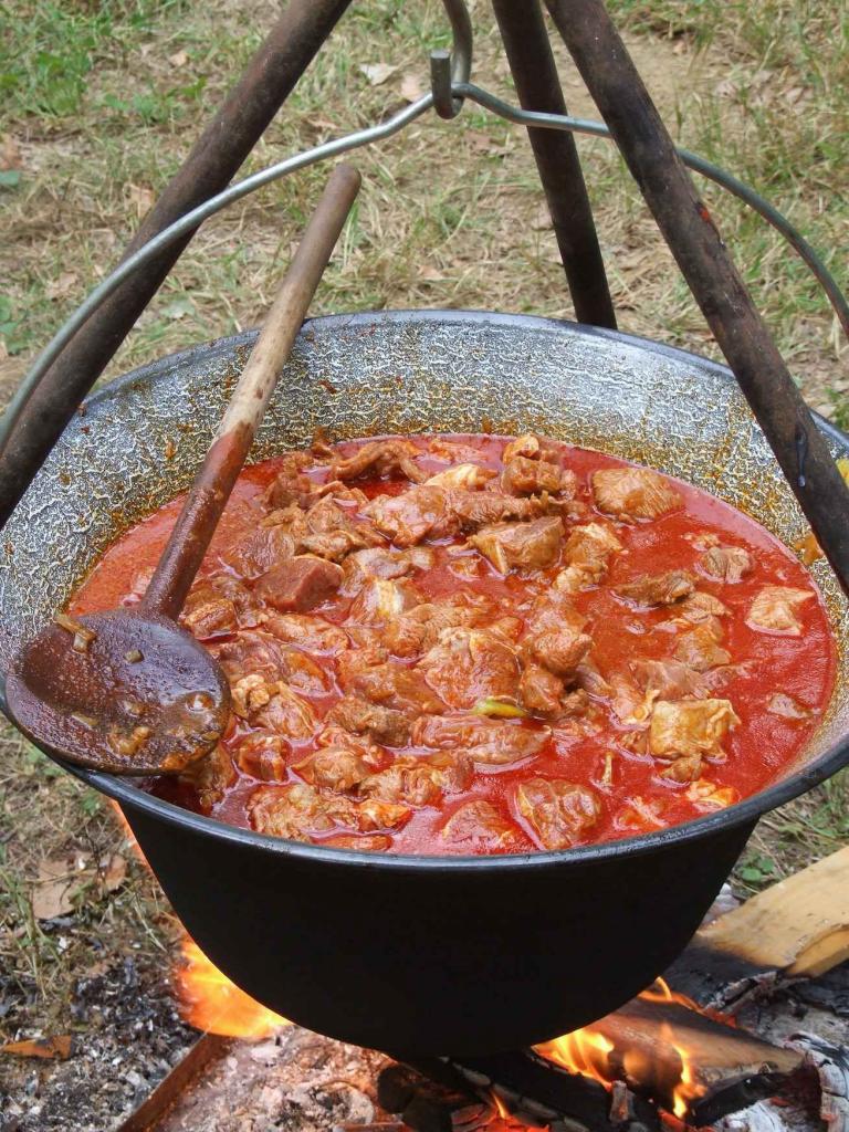 Варим гуляш в котелке на костре.