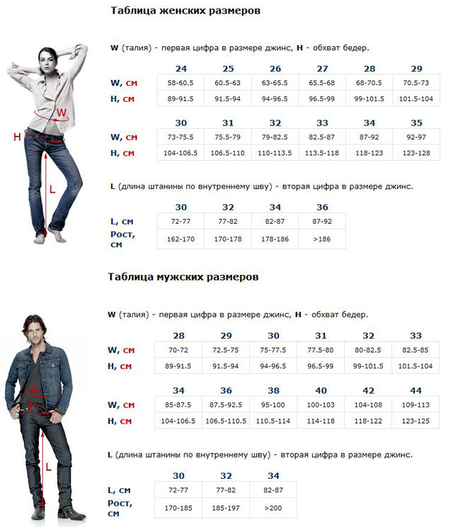 Размеры женских и мужских джинсов