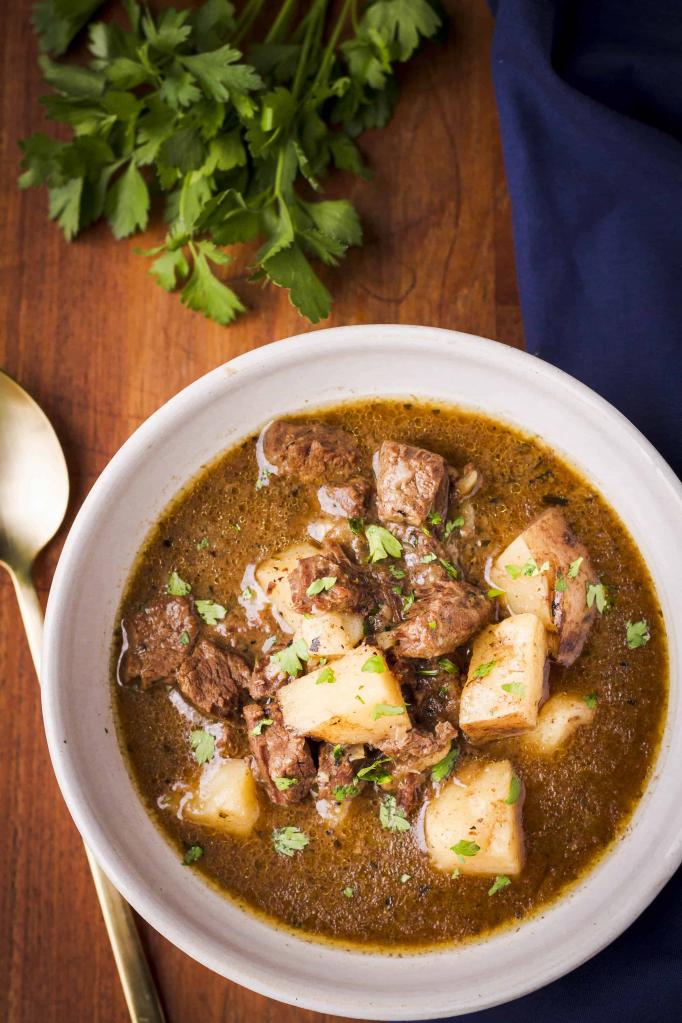 potato stew with beef in a pan