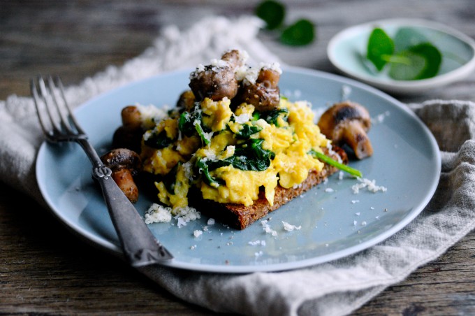 fried eggs with mushrooms on bread