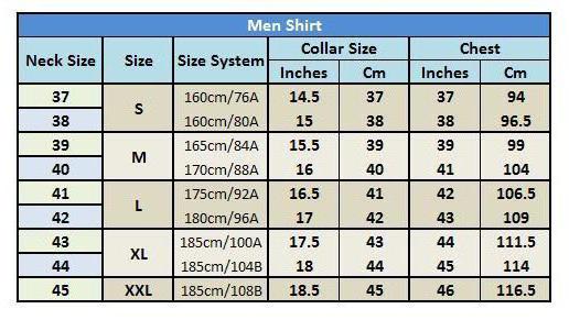 shirt size chart by collar