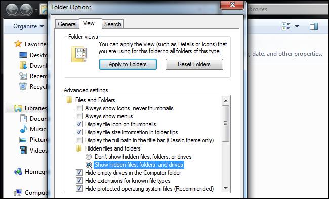 Включение показа скрытых файлов Windows 7