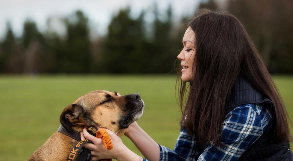 Girl playing with a dog