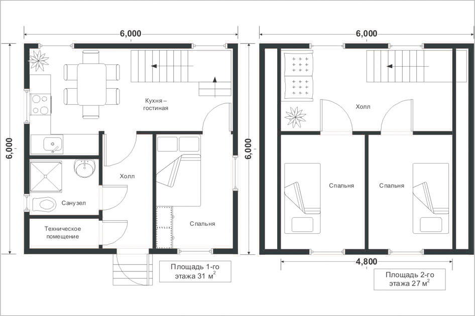 layout of the house 6 x 6 meters