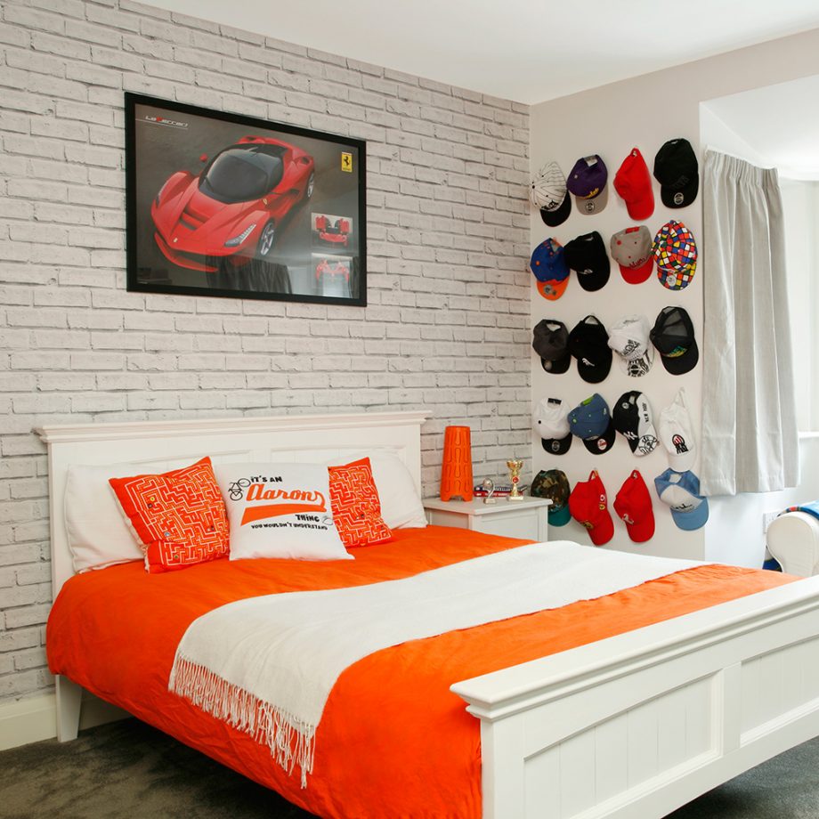 teenager's room with a collection of baseball caps