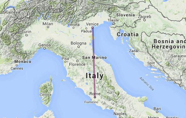 The distance from Rome to Venice by train