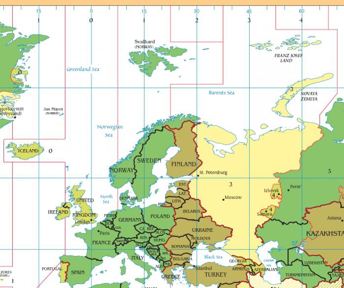 Часовые пояса Европы на карте