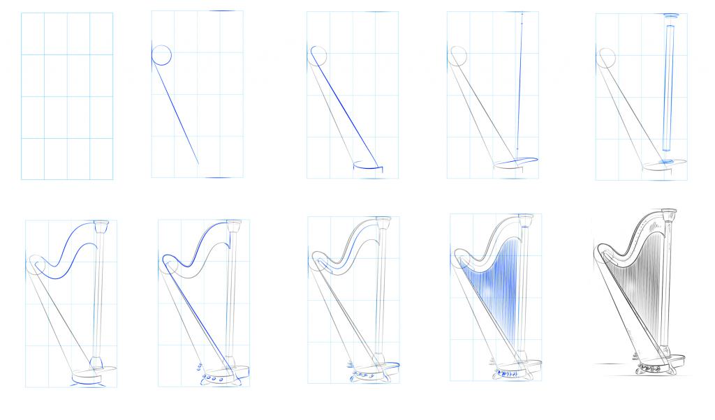 Как нарисовать арфу поэтапно