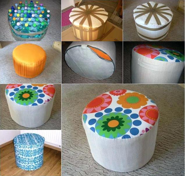 do-it-yourself ottoman from plastic bottles