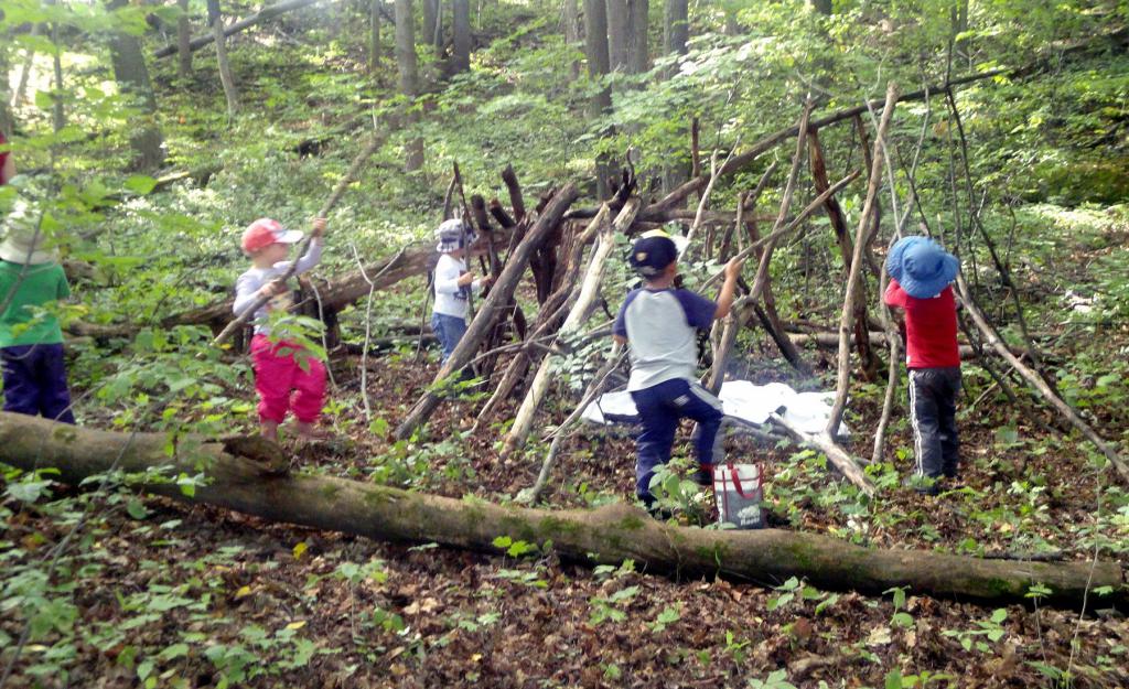 дети строят шалаш в лесу