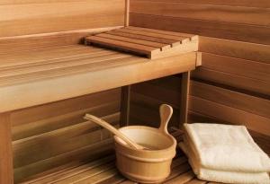 Wooden shelves in the bath