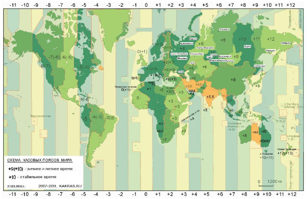 Карта часовых поясов мира