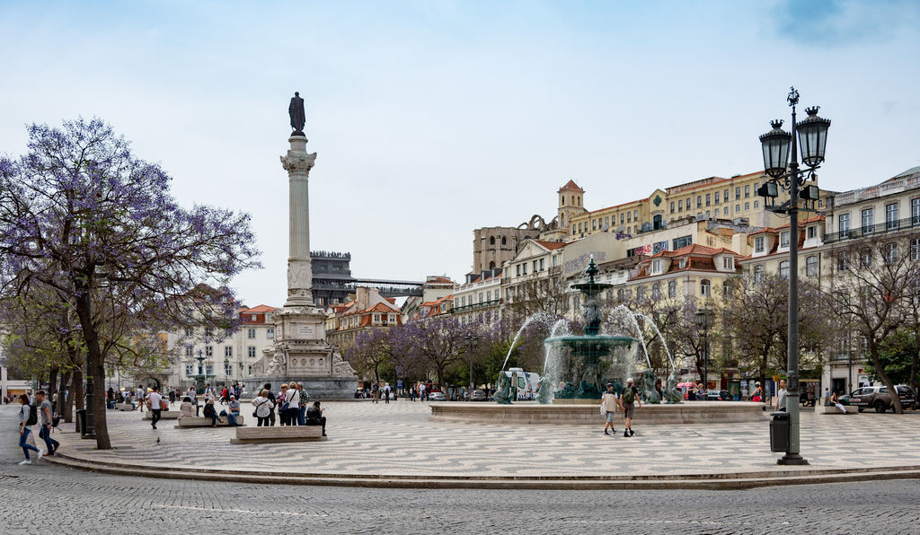 Rossio Square in the center of Lisbon, paved with black and white mosaics