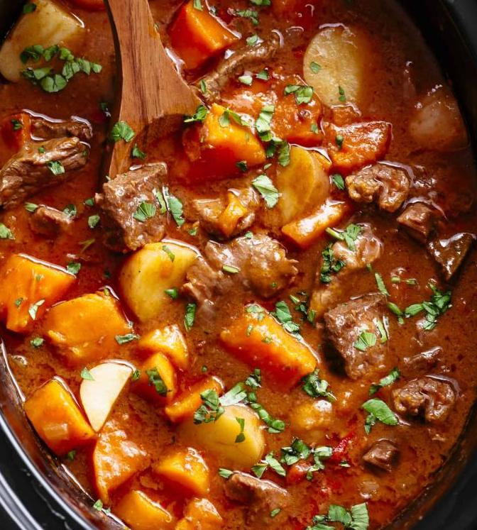 beef stew with potatoes in a cauldron