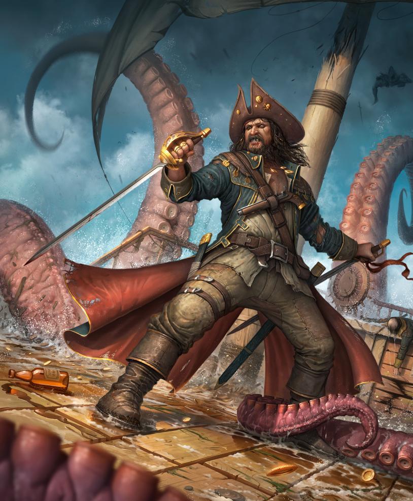 The pirate is fighting the kraken.