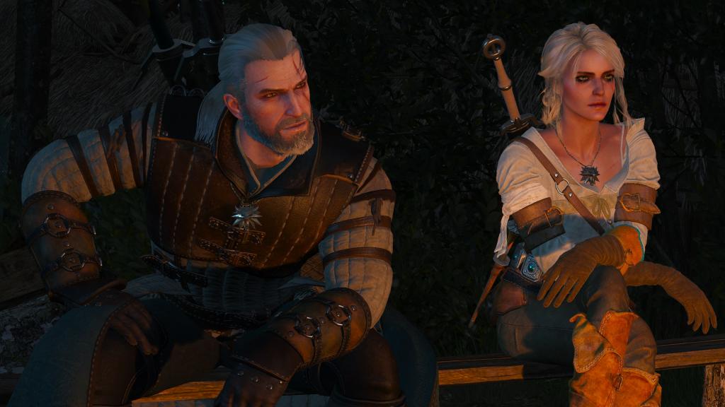 Geralt and Ciri are sitting by the fire.